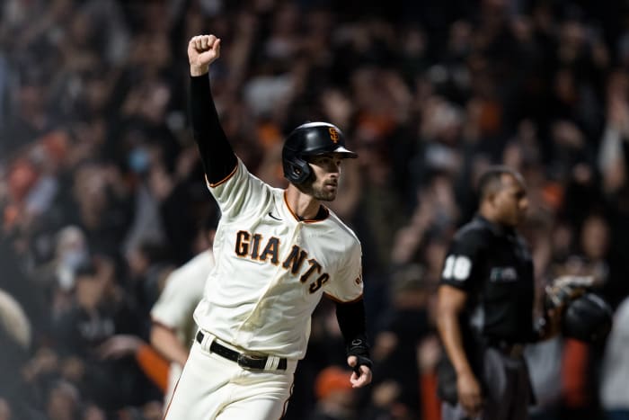 SF Giants outfielder Steven Duggar celebrates after a walk-off win.